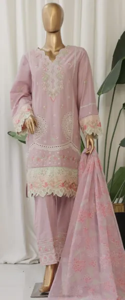 Pakistani Original Bin Saeed luxury Stitched Cotton Embroidered 3 Pcs _ Light Lavender 